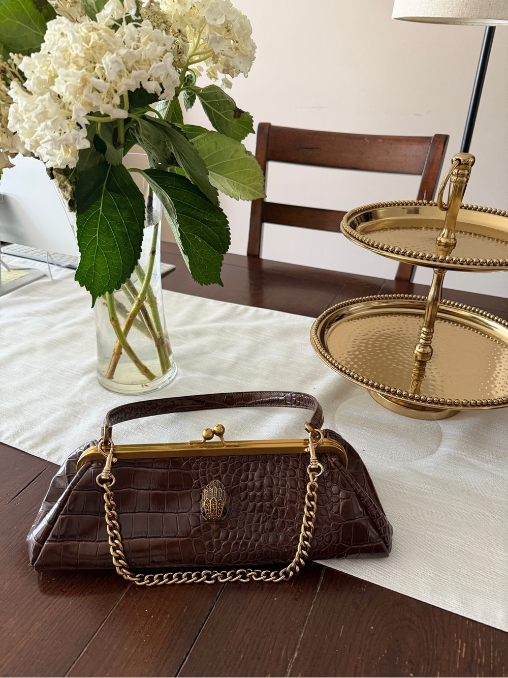 Kurt Geiger Brown Croc-Embossed Clutch with Gold Chain